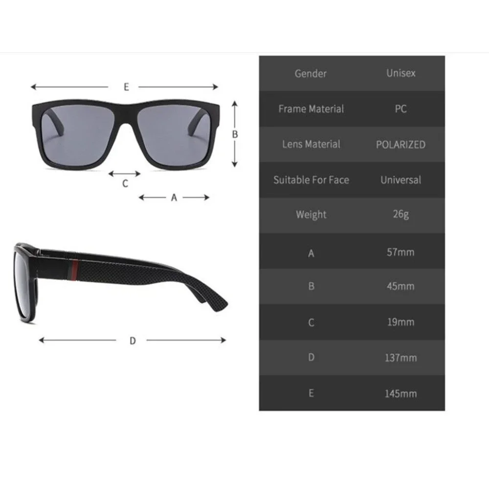 Men's Polarized Sunglasses Driving Square Frame Outdoor Dark Black Lens‎ Lentes